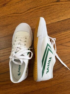 Feiyue White Canvas Sneakers with Green Logo and Yellow Sole